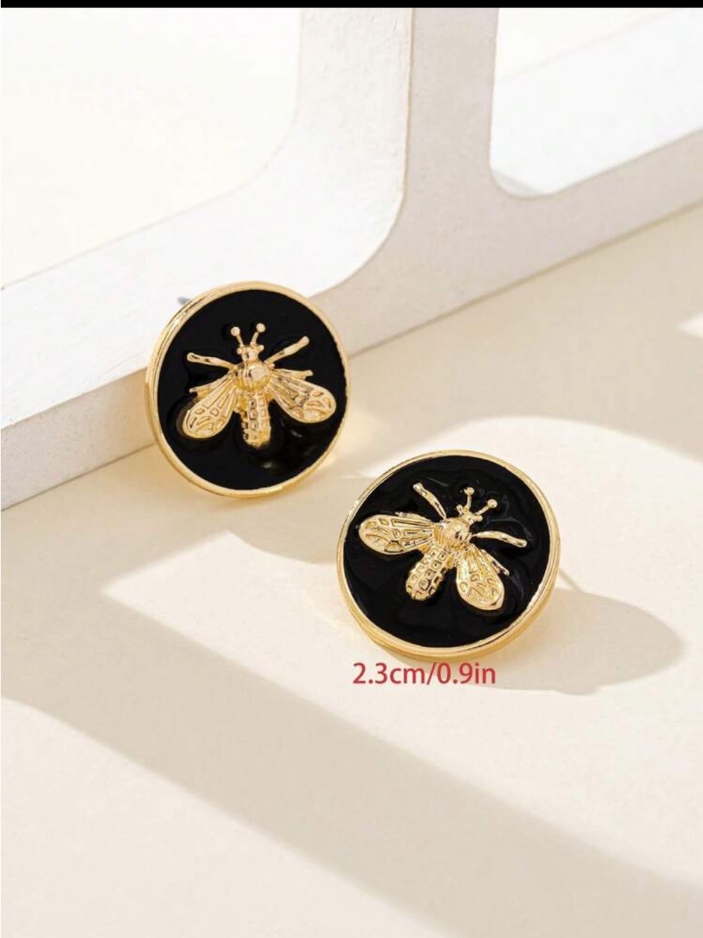 Gold Bee Black Enamel Stud Earrings - Picture 2 of 7
